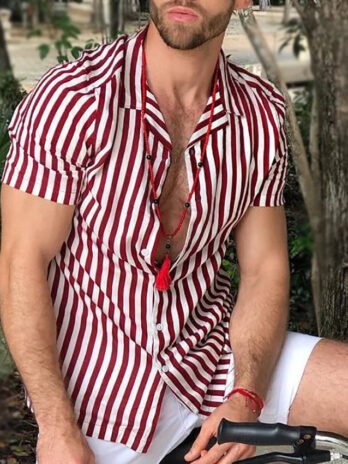 Short sleeve striped fashion shirt with printed lapel