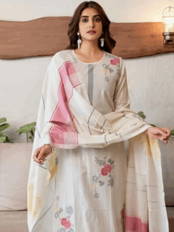 Off-White Cotton Woven Pattern Kurta Pant Set