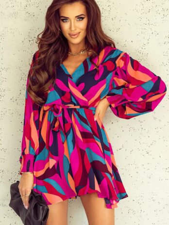 Women’s Multicolored Printed Surplice Neck Tie-Waist Mini Dress