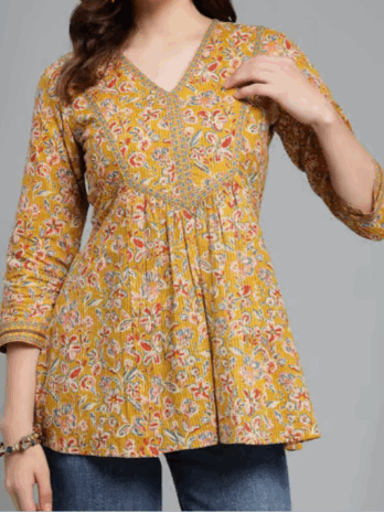 Yellow Cotton Floral Print A Line Short Kurti