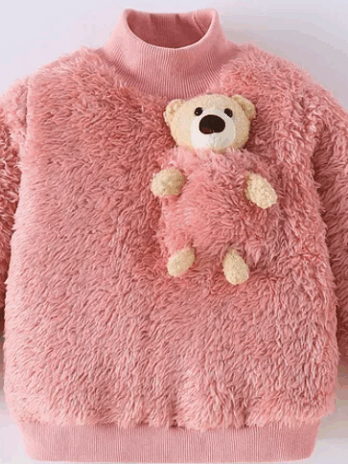 Kids Full Sleeves Winter T-Shirt with 3D Bear Applique – Pink