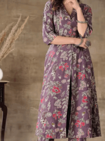 Mauve Rayon Floral Print Kurta Pant Set