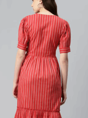 Cottinfab Red & White Cotton Striped Midi
