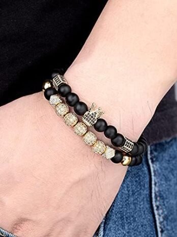 SONNYX 4Pcs 8mm Crown King Charm Beads Bracelet for Men Women Natural Black Matte Onyx Stone Beads Elastic Adjustable