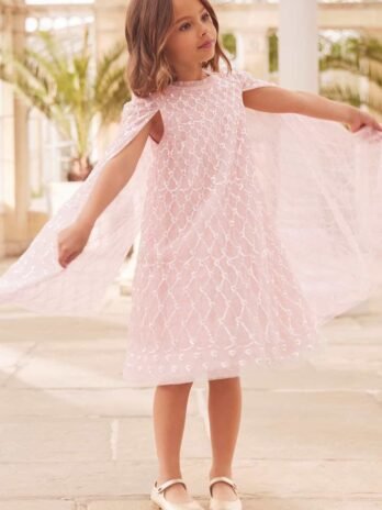 Heart Lattice Cape Kids Dress – Pink / 8 Yrs