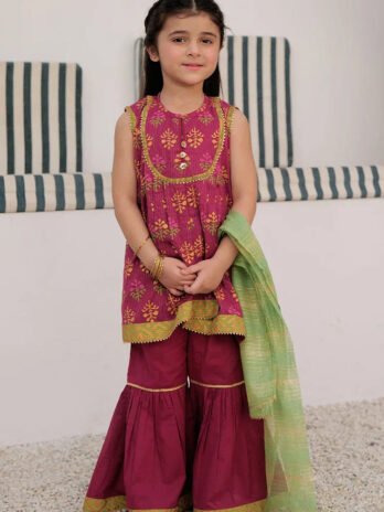 Magenta & Multicolor | Casual Plus 3 Piece Suit | Cotton Dobby Dye over Gold Print