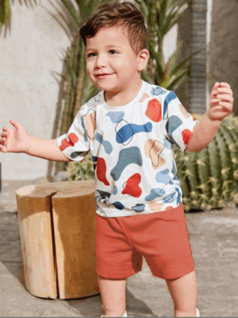 Kids Colour blocked Round Neck Short Sleeves Pure Cotton T-shirt & Shorts