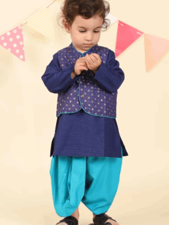 Blue Viscose Blend Hand Block Printed 3pc Dhoti Set