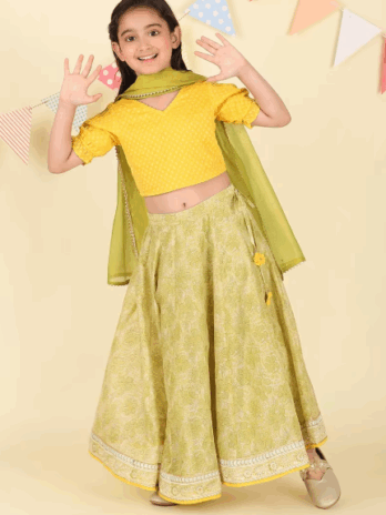 Green Cotton Silk Hand Block Printed 3pc Lehenga Set