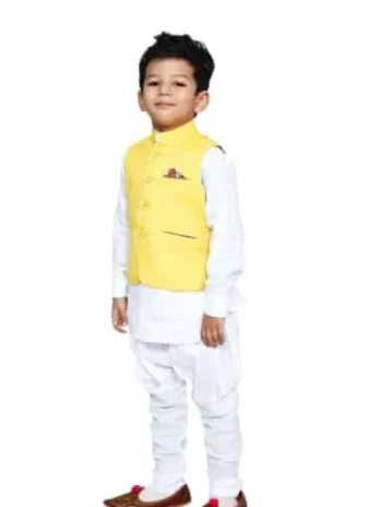 Kids White Kurta pajama with Dark yellow Color Nehru Jacket